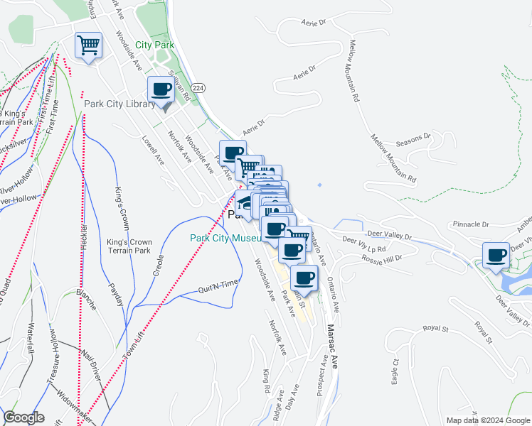 map of restaurants, bars, coffee shops, grocery stores, and more near 580 Main Street in Park City
