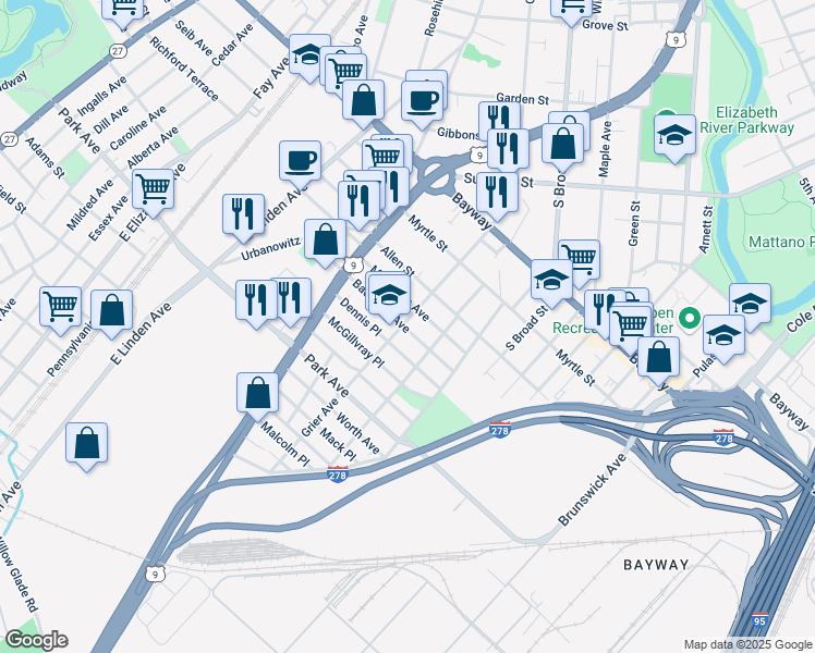 map of restaurants, bars, coffee shops, grocery stores, and more near 840 Bacheller Avenue in Linden