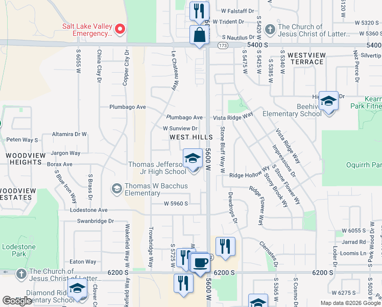map of restaurants, bars, coffee shops, grocery stores, and more near 5661 Sunkist Drive in Salt Lake City