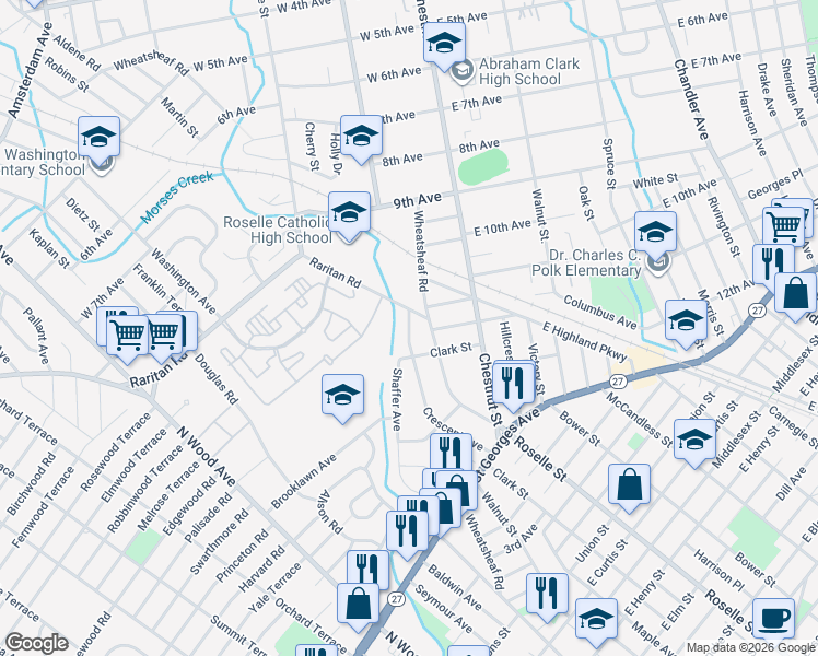 map of restaurants, bars, coffee shops, grocery stores, and more near 1226 Crescent Avenue in Roselle