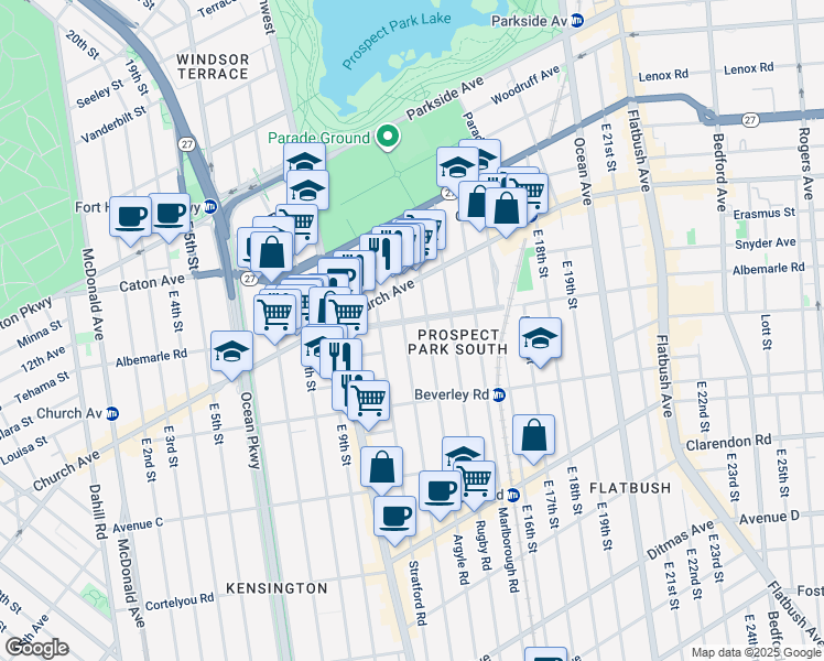 map of restaurants, bars, coffee shops, grocery stores, and more near 115 Westminster Road in Brooklyn