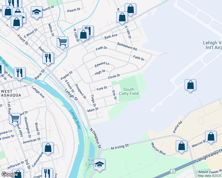 map of restaurants, bars, coffee shops, grocery stores, and more near 271 Pennsylvania Avenue in Catasauqua