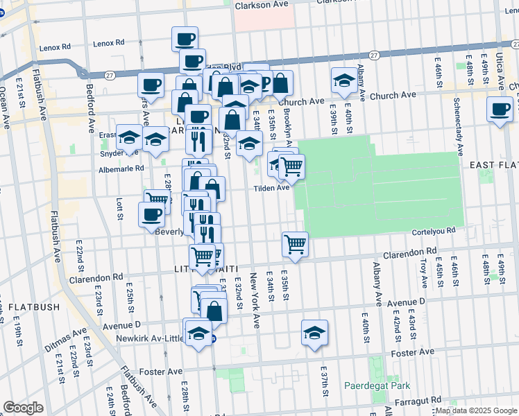 map of restaurants, bars, coffee shops, grocery stores, and more near 436 East 34th Street in Brooklyn