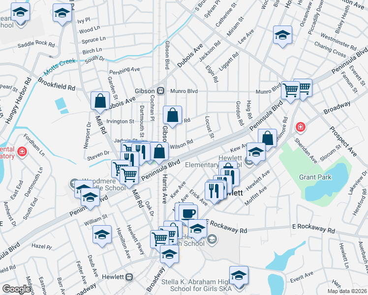 map of restaurants, bars, coffee shops, grocery stores, and more near 34 Wilson Road in Valley Stream