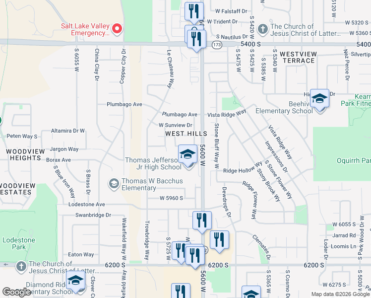 map of restaurants, bars, coffee shops, grocery stores, and more near 5661 Sunkist Drive in Salt Lake City