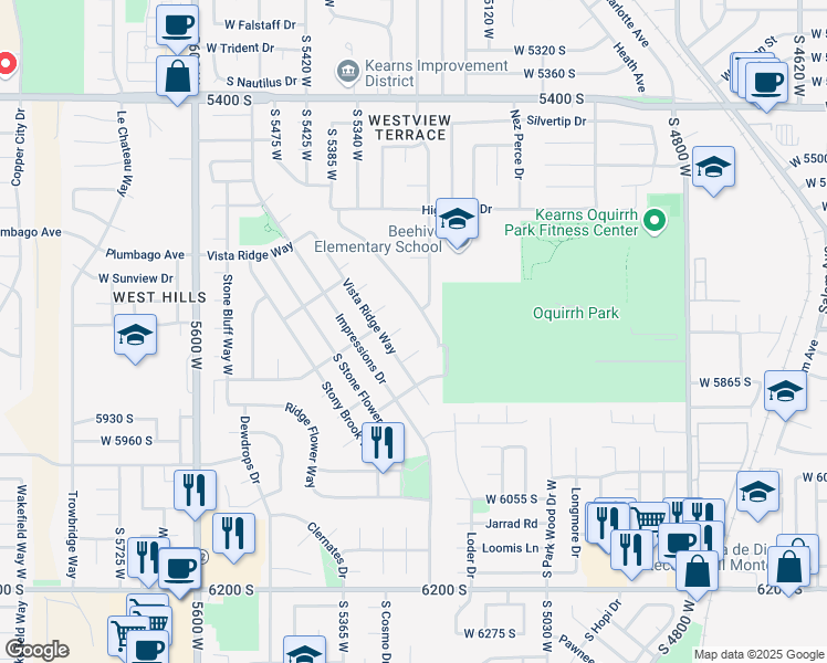 map of restaurants, bars, coffee shops, grocery stores, and more near 5237 Park Valley Circle in Salt Lake City