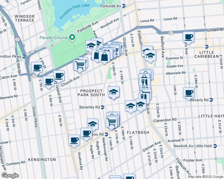 map of restaurants, bars, coffee shops, grocery stores, and more near 222 East 17th Street in Brooklyn