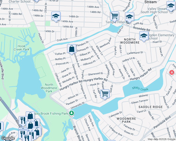 map of restaurants, bars, coffee shops, grocery stores, and more near 690 Sherwood Street in Valley Stream