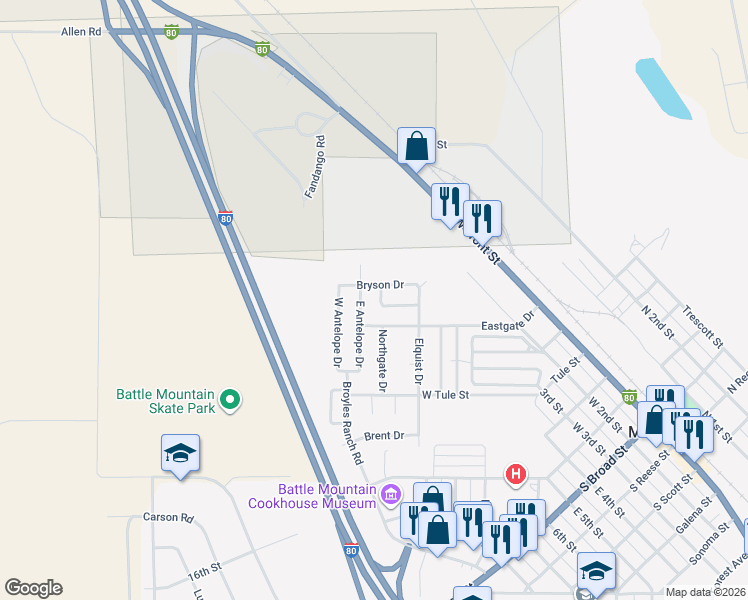 map of restaurants, bars, coffee shops, grocery stores, and more near 306 Eastgate Drive in Battle Mountain