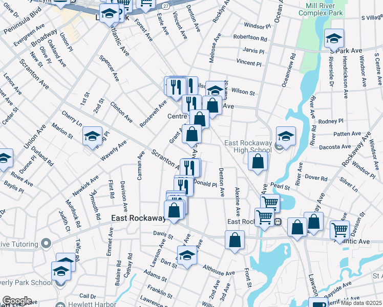 map of restaurants, bars, coffee shops, grocery stores, and more near 390 Atlantic Avenue in East Rockaway