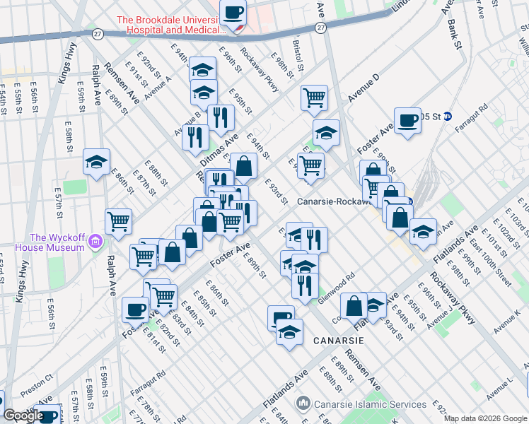 map of restaurants, bars, coffee shops, grocery stores, and more near East 92nd Street in Brooklyn