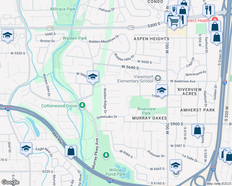 map of restaurants, bars, coffee shops, grocery stores, and more near 929 West Brandermill Cove in Murray