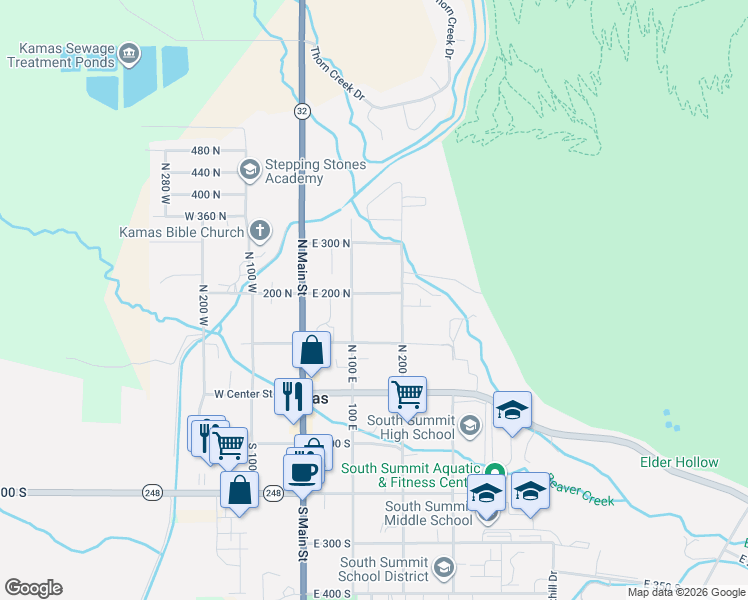 map of restaurants, bars, coffee shops, grocery stores, and more near 150 East 200 North in Kamas