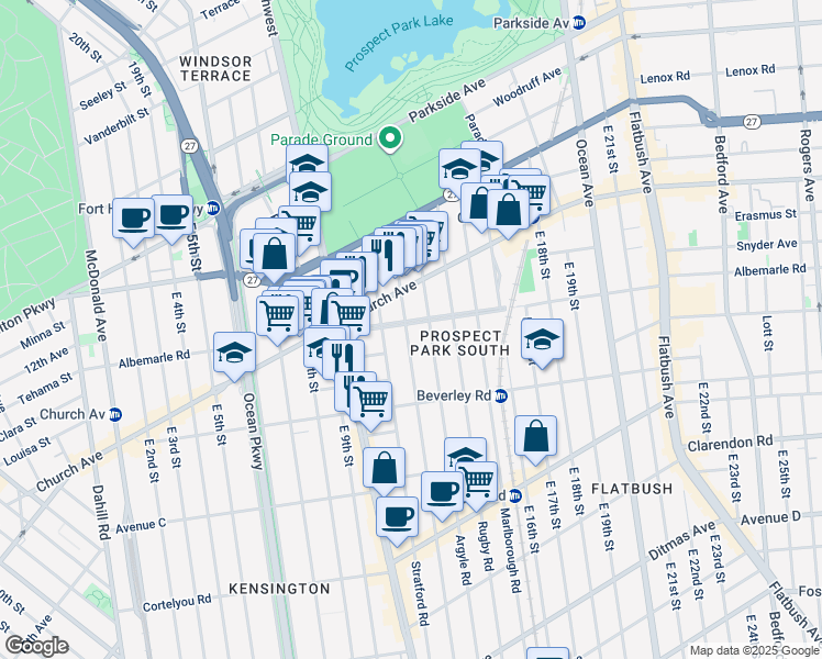 map of restaurants, bars, coffee shops, grocery stores, and more near 115 Westminster Road in Brooklyn