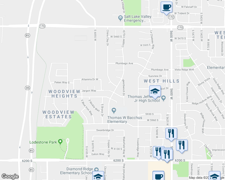 map of restaurants, bars, coffee shops, grocery stores, and more near 5956 West Jargon Circle in Kearns