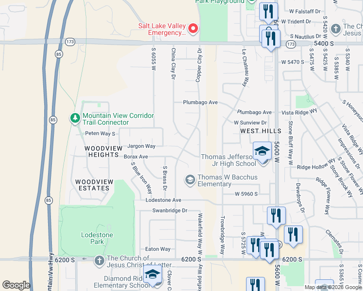 map of restaurants, bars, coffee shops, grocery stores, and more near 5956 West Jargon Circle in Kearns