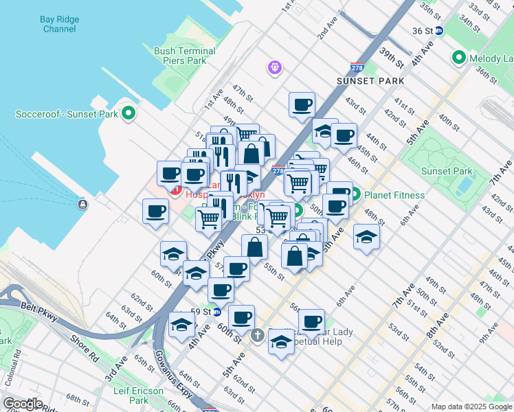map of restaurants, bars, coffee shops, grocery stores, and more near 324 53rd Street in Brooklyn