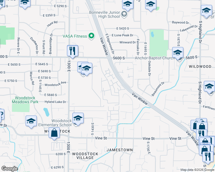map of restaurants, bars, coffee shops, grocery stores, and more near 5809 Waterbury Drive in Murray