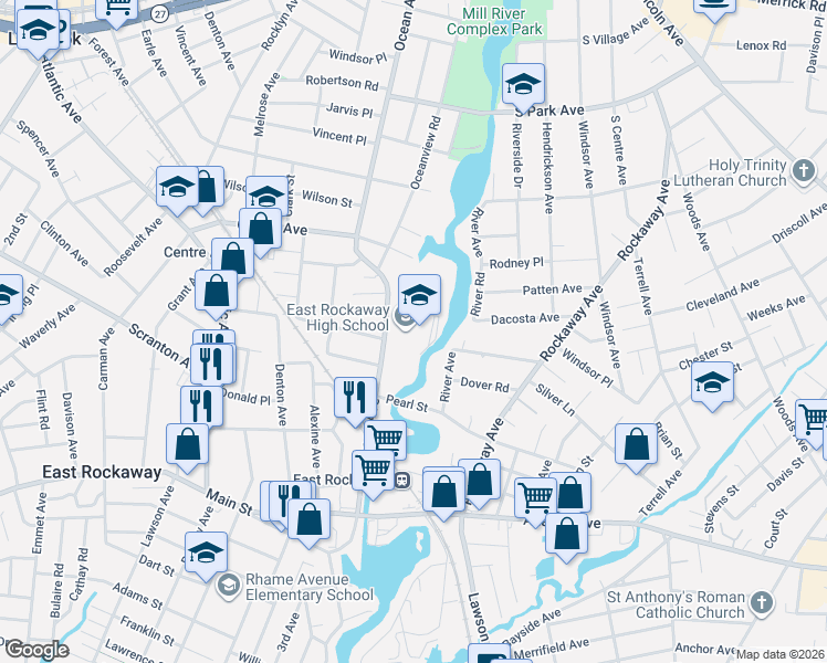 map of restaurants, bars, coffee shops, grocery stores, and more near 443 Ocean Avenue in East Rockaway
