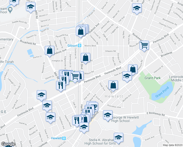 map of restaurants, bars, coffee shops, grocery stores, and more near 1448 Sturl Avenue in Hewlett
