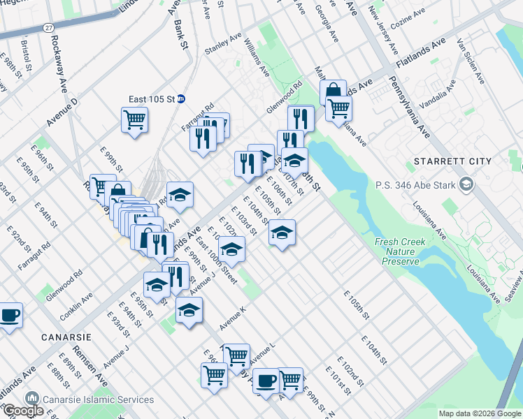 map of restaurants, bars, coffee shops, grocery stores, and more near 967 East 103rd Street in Brooklyn