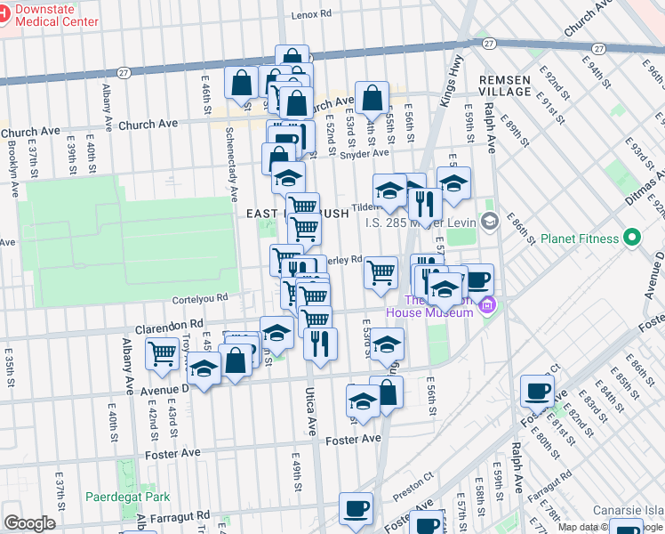 map of restaurants, bars, coffee shops, grocery stores, and more near 652 East 51st Street in Brooklyn