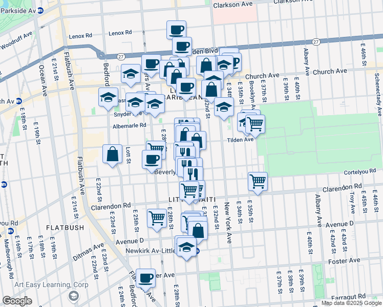 map of restaurants, bars, coffee shops, grocery stores, and more near 3011 Beverley Road in Brooklyn