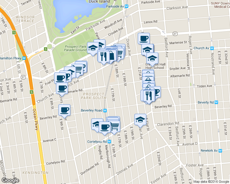 map of restaurants, bars, coffee shops, grocery stores, and more near 222 East 17th Street in Brooklyn
