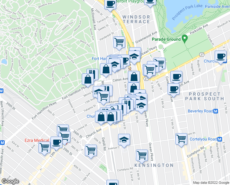 map of restaurants, bars, coffee shops, grocery stores, and more near 205 Albemarle Road in Brooklyn
