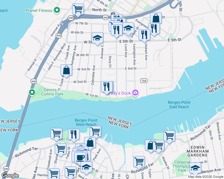 map of restaurants, bars, coffee shops, grocery stores, and more near 5 West 1st Street in Bayonne