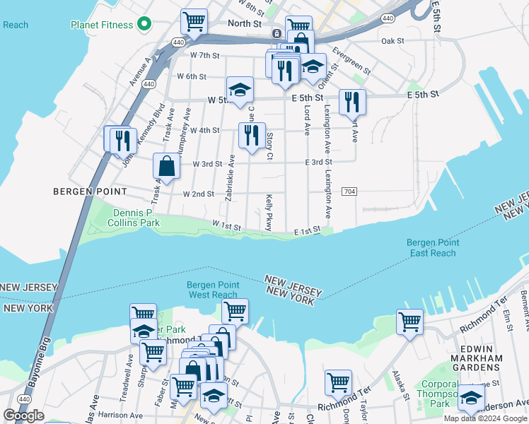 map of restaurants, bars, coffee shops, grocery stores, and more near 35 West 1st Street in Bayonne