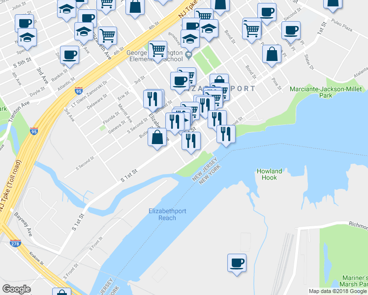 map of restaurants, bars, coffee shops, grocery stores, and more near 63 Elizabeth Avenue in Elizabeth