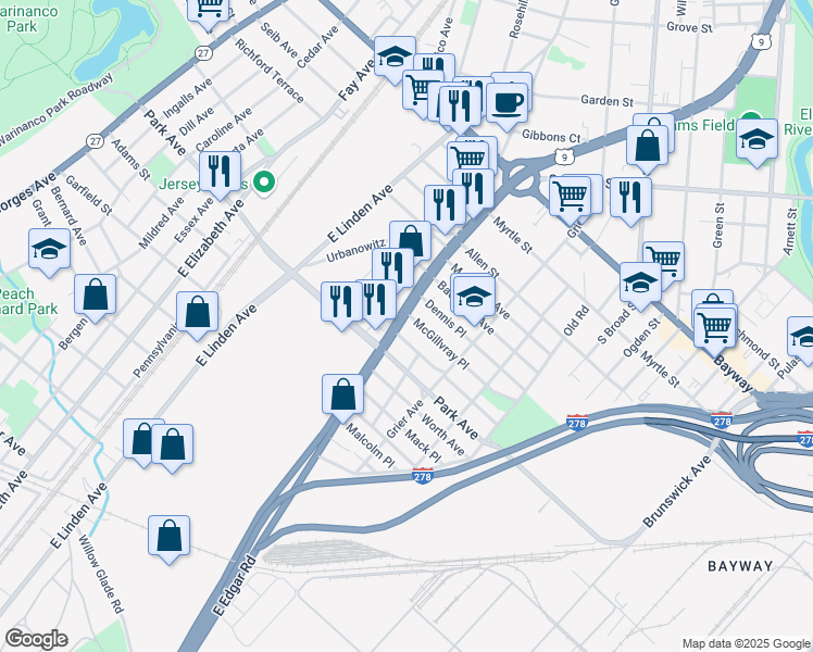 map of restaurants, bars, coffee shops, grocery stores, and more near 2000 East Edgar Road in Linden