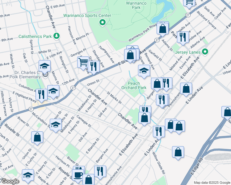 map of restaurants, bars, coffee shops, grocery stores, and more near 1227 Dill Avenue in Linden