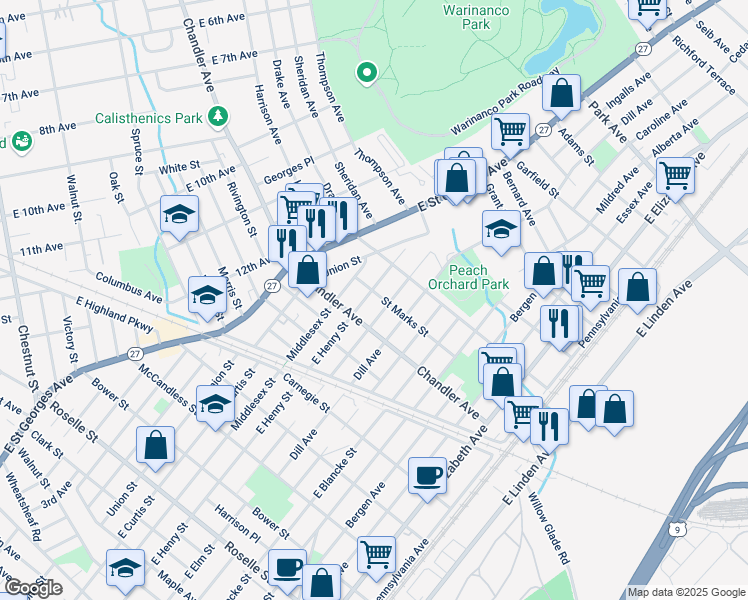 map of restaurants, bars, coffee shops, grocery stores, and more near 804 Chandler Avenue in Linden