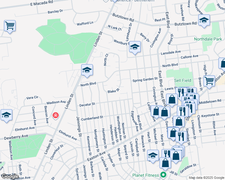 map of restaurants, bars, coffee shops, grocery stores, and more near 2314 Henderson Street in Bethlehem