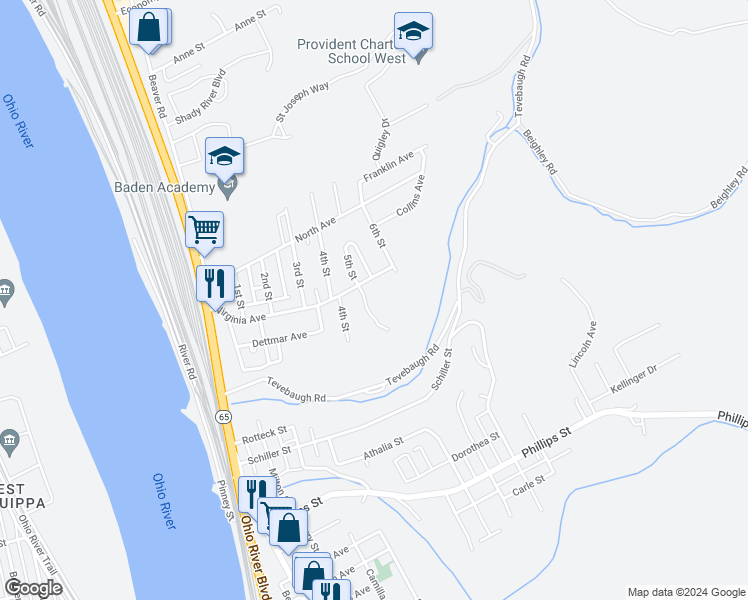 map of restaurants, bars, coffee shops, grocery stores, and more near 800 5th Street in Baden