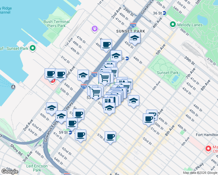 map of restaurants, bars, coffee shops, grocery stores, and more near in Brooklyn