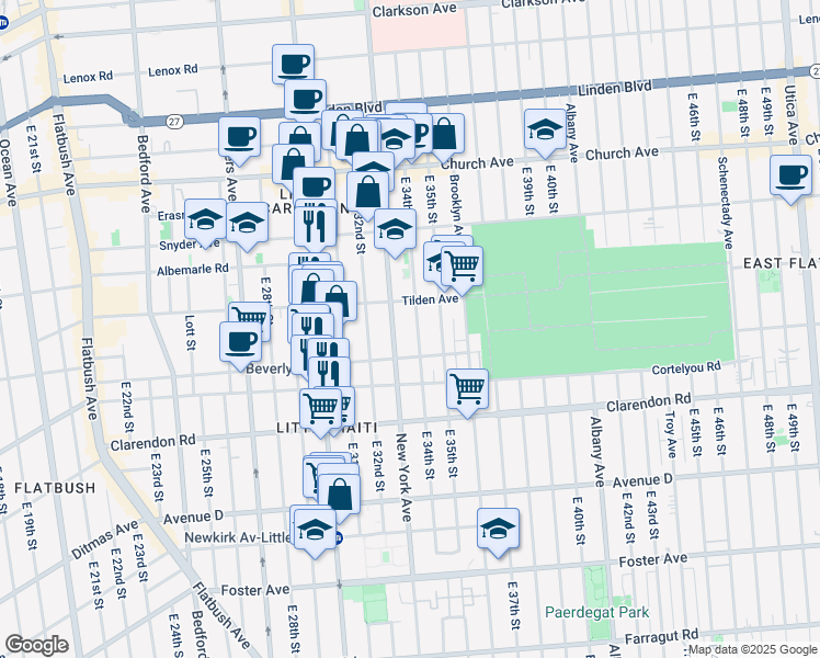 map of restaurants, bars, coffee shops, grocery stores, and more near 434 East 34th Street in Brooklyn