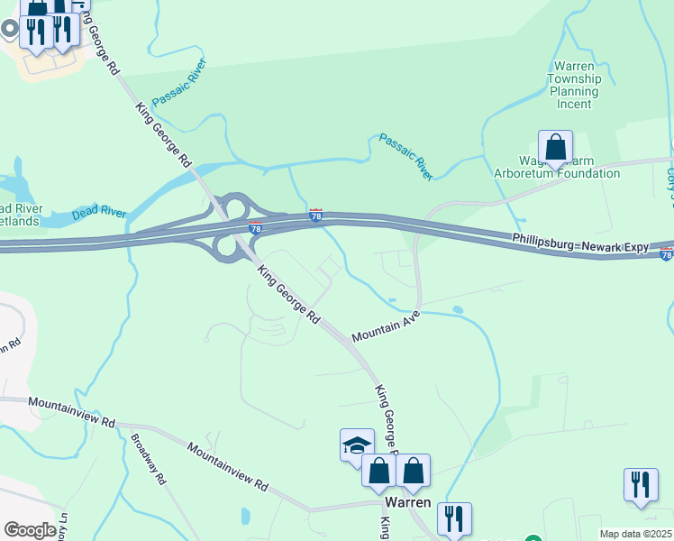 map of restaurants, bars, coffee shops, grocery stores, and more near 294 King George Road in Warren