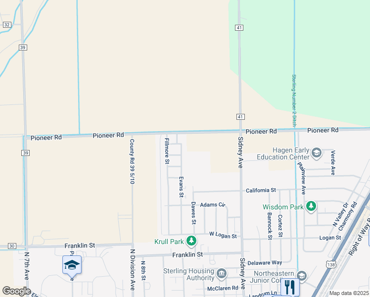 map of restaurants, bars, coffee shops, grocery stores, and more near 1714 Evans Street in Sterling