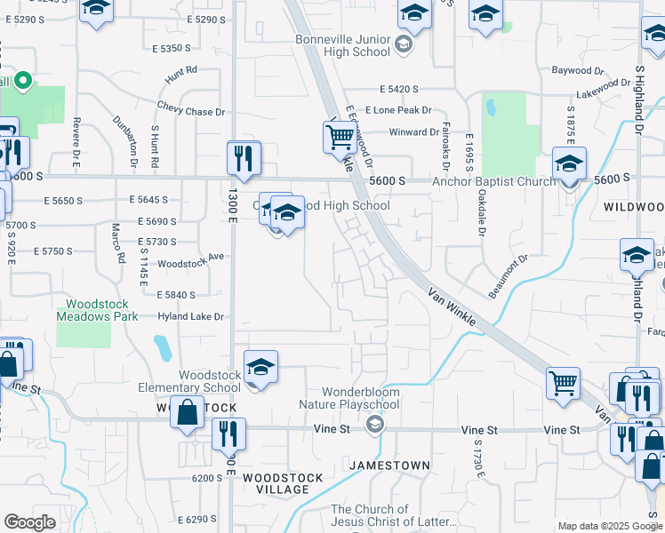 map of restaurants, bars, coffee shops, grocery stores, and more near 5761 South Waterbury Circle in Murray
