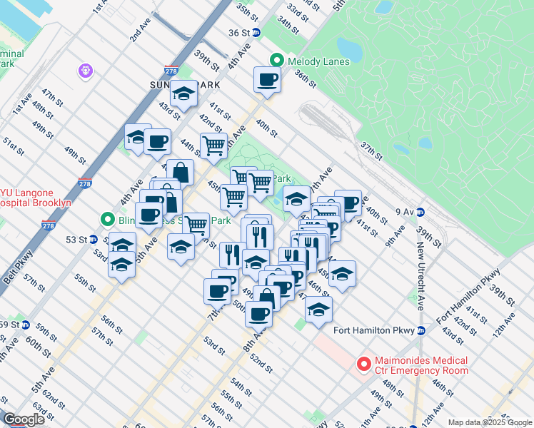 map of restaurants, bars, coffee shops, grocery stores, and more near 654 45th Street in Brooklyn