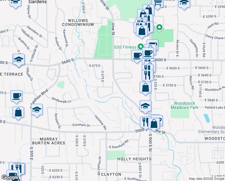 map of restaurants, bars, coffee shops, grocery stores, and more near 5768 South Erekson Court in Murray