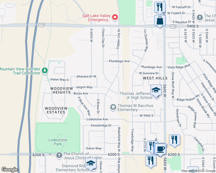 map of restaurants, bars, coffee shops, grocery stores, and more near 5956 West Jargon Circle in Kearns