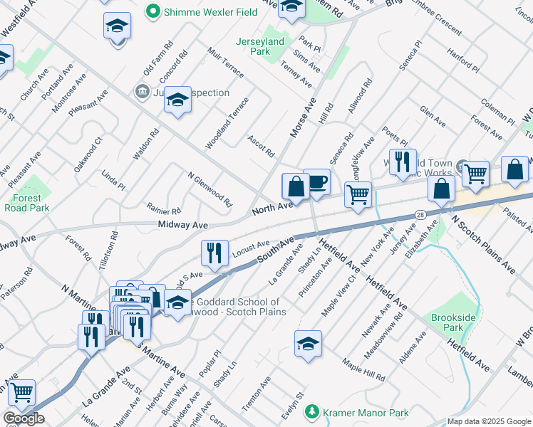 map of restaurants, bars, coffee shops, grocery stores, and more near 472 North Avenue in Fanwood