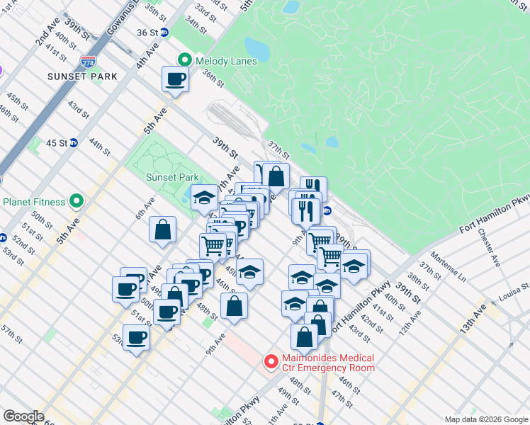 map of restaurants, bars, coffee shops, grocery stores, and more near in Brooklyn
