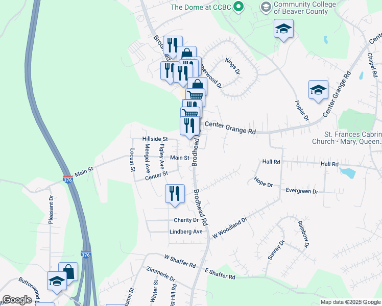 map of restaurants, bars, coffee shops, grocery stores, and more near 3385 Brodhead Road in Aliquippa