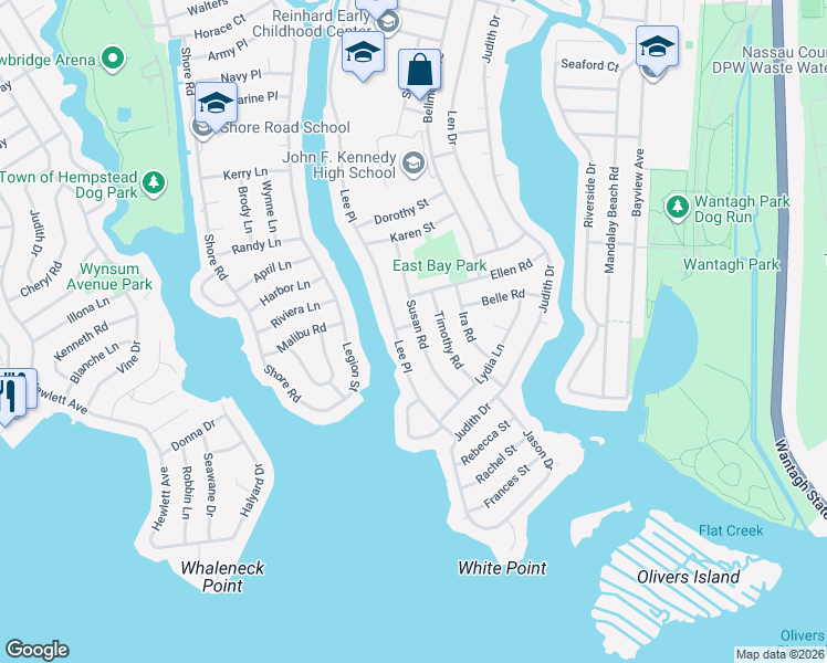 map of restaurants, bars, coffee shops, grocery stores, and more near 3086 Susan Road in Bellmore