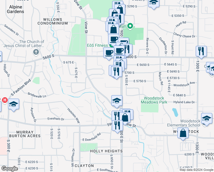 map of restaurants, bars, coffee shops, grocery stores, and more near 5770 South 900 East in Murray